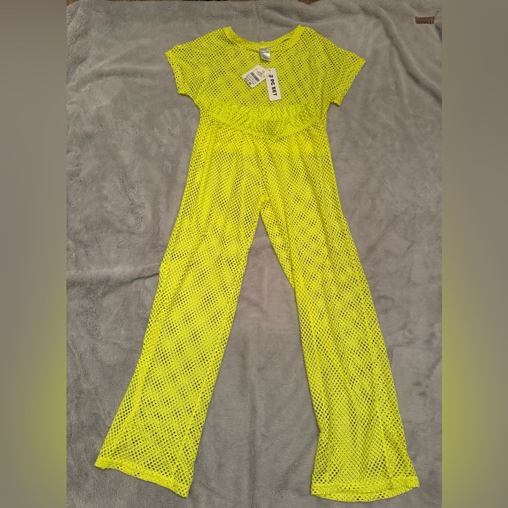 Waves to Coast Neon Yellow Mesh 2 Piece Swim Cover up Size‎ Small